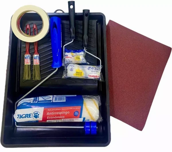 Kit Pintura Parede Bandeja Rolo Lã Fita Crepe E Pincel 19 Pç